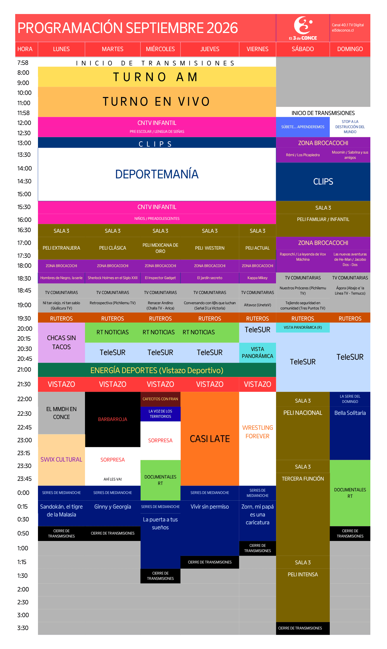 Programación de El 3 de Conce para septiembre de 2026